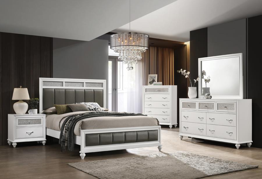 Coaster 205891Q 4 pc Rosdorf park ammelie barzini white finish wood metallic leatherette padded queen bedroom set faux crystal accents
