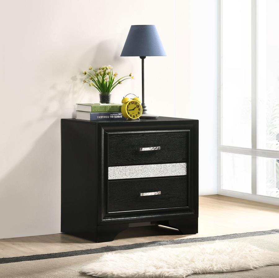 Coaster 206362 Miranda black finish wood 2 drawer nightstand with crystal accent and drawer pulls