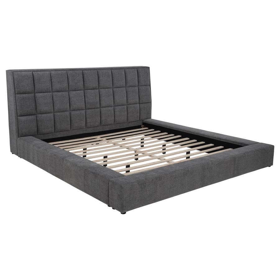 Coaster 315948GRYQ Dreux dark grey fabric upholstered flip up LED lighting with fold down cupholder in headboard queen bed