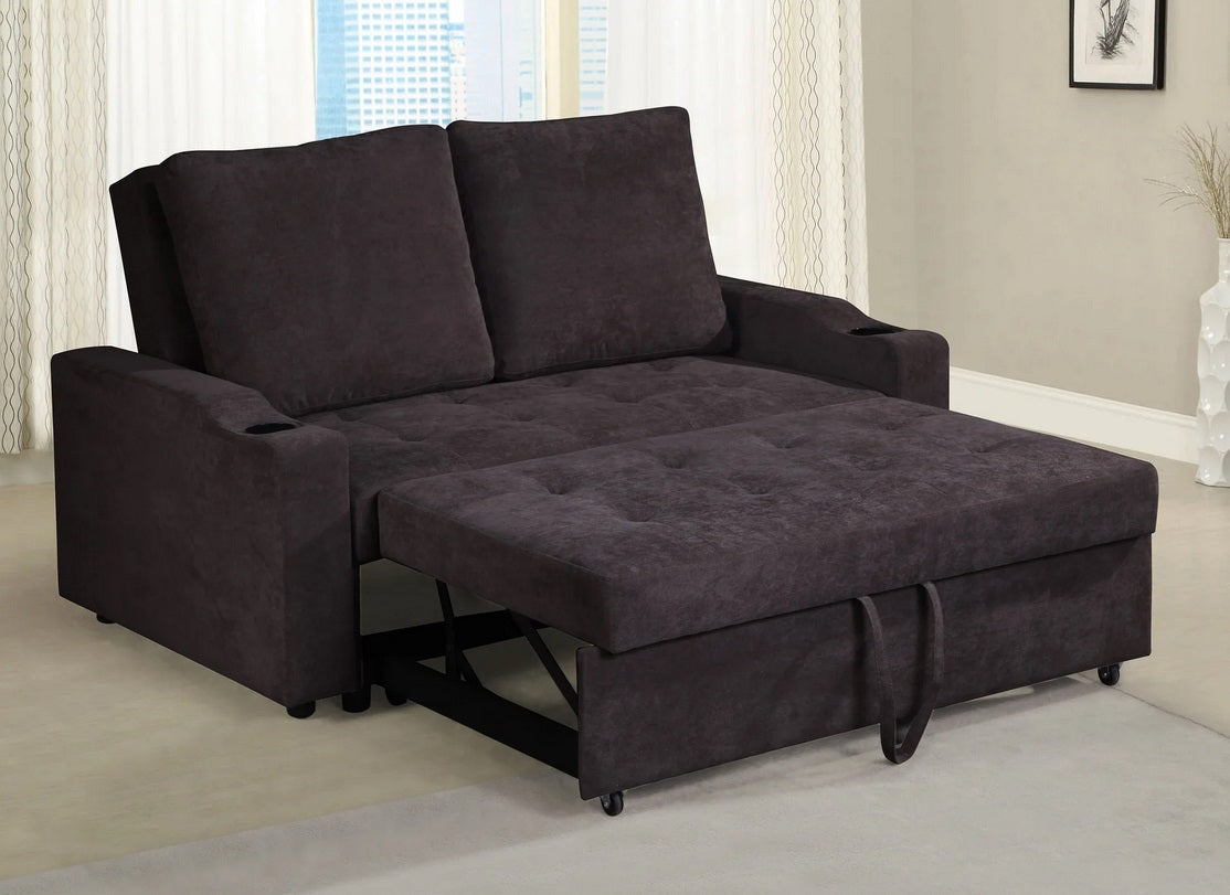 Asia Direct 2096-DBR  Daryl dark brown linen like fabric love seat set with pull out sleep area chaise cup holders
