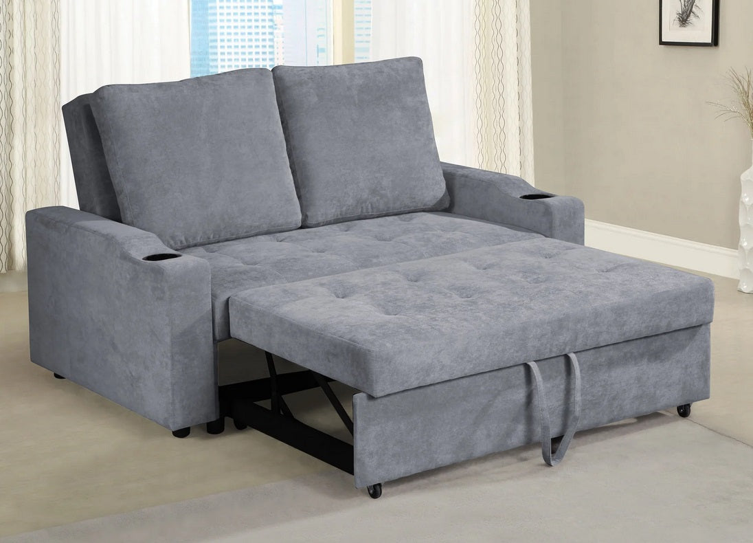 Asia Direct 2096-GRY  Daryl Grey linen like fabric love seat set with pull out sleep area chaise cup holders