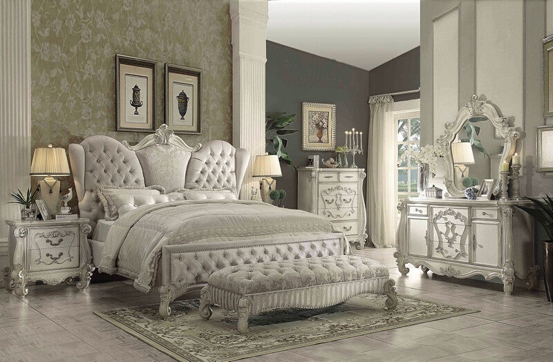 Acme 21130Q 4 pc versailles bone white finish wood and ivory velvet fabric headboard queen bedroom set