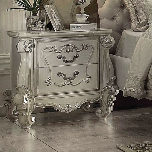 Acme 21130Q 4 pc versailles bone white finish wood and ivory velvet fabric headboard queen bedroom set