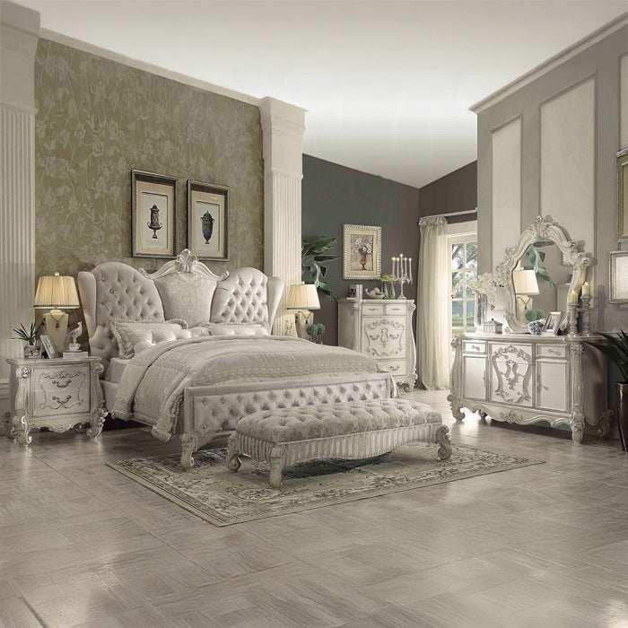 Acme 21150Q 4 pc versailles bone white finish wood vintage gray faux leather headboard queen bedroom set