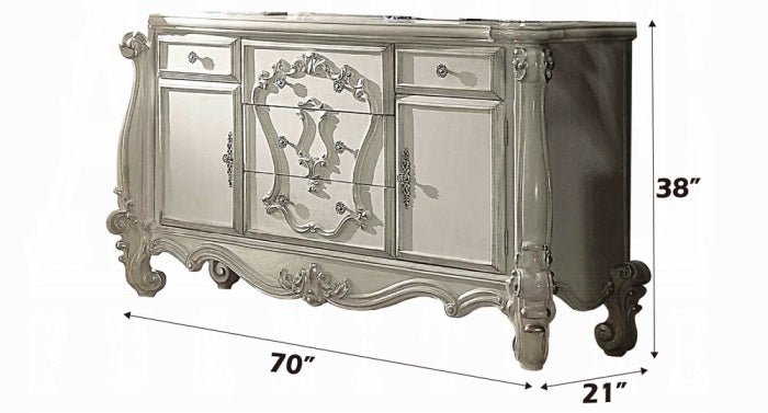 Acme 21150Q 4 pc versailles bone white finish wood vintage gray faux leather headboard queen bedroom set