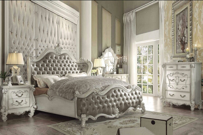 Acme 21150Q 4 pc versailles bone white finish wood vintage gray faux leather headboard queen bedroom set