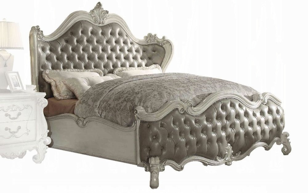 Acme 21150Q 4 pc versailles bone white finish wood vintage gray faux leather headboard queen bedroom set