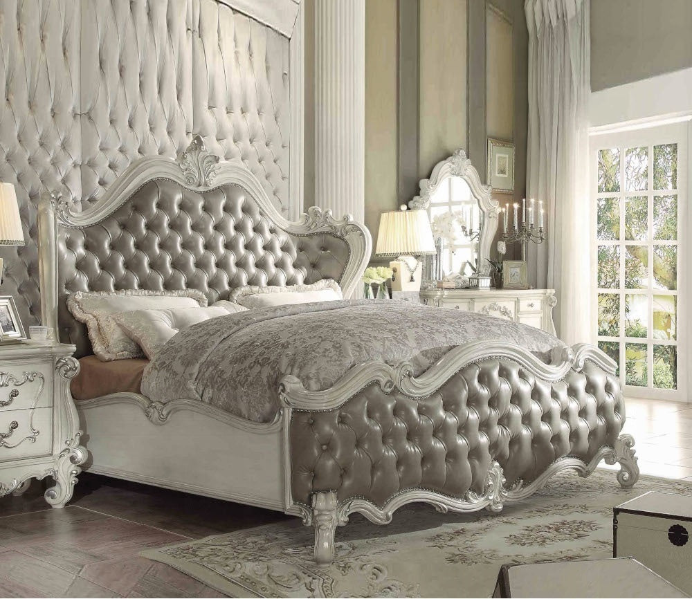 Acme 21150Q 4 pc versailles bone white finish wood vintage gray faux leather headboard queen bedroom set