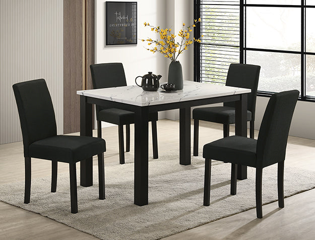 2120T 5 pc Resia black finish wood and white faux marble top 30" x 47" dining table set