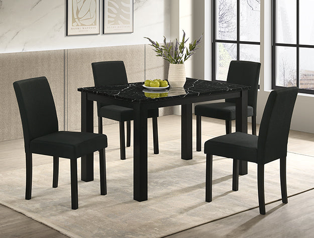 Resia 5-Piece Black Wood & Black Faux Marble Top Dining Table Set – 2120BK