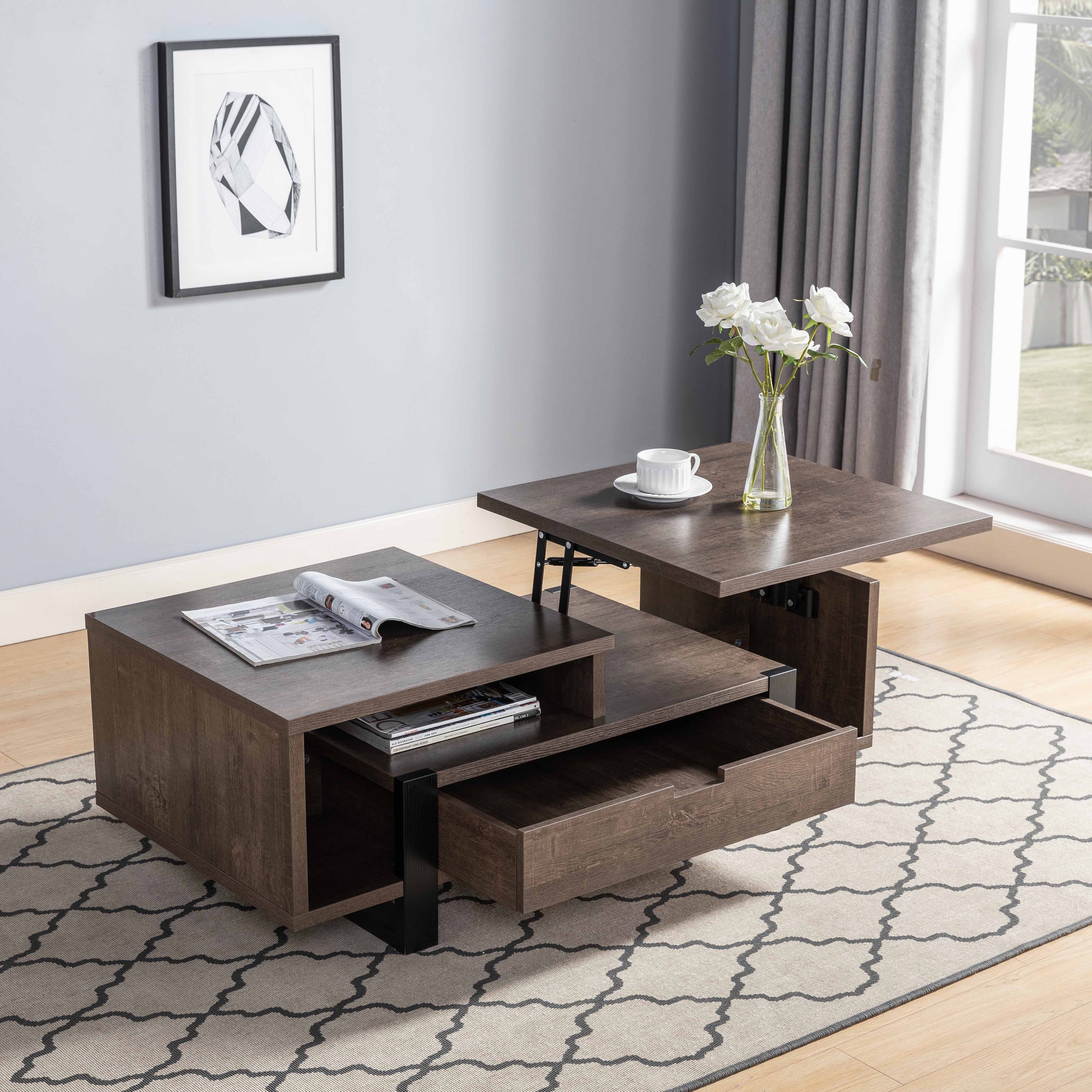 212928CT  Walnut oak and black finish wood lift top coffee table with lower shelf and drawer