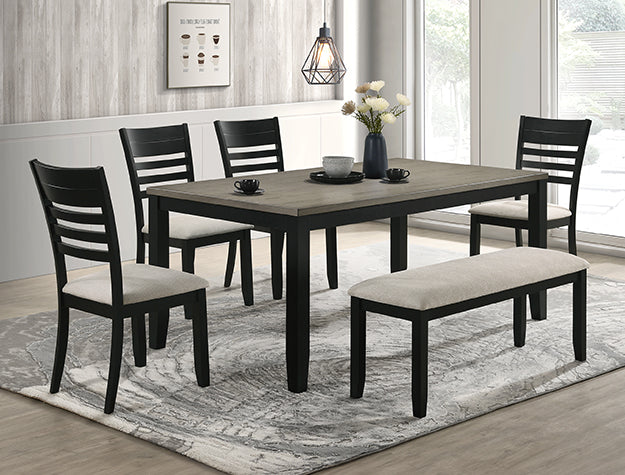 2132T 6 pc Folio two tone deep black finish wood 39" x 71" dining table set with bench