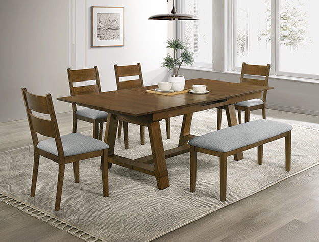 2135-6PC 6 pc Everly brown finish wood dining table set center leaf table with bench