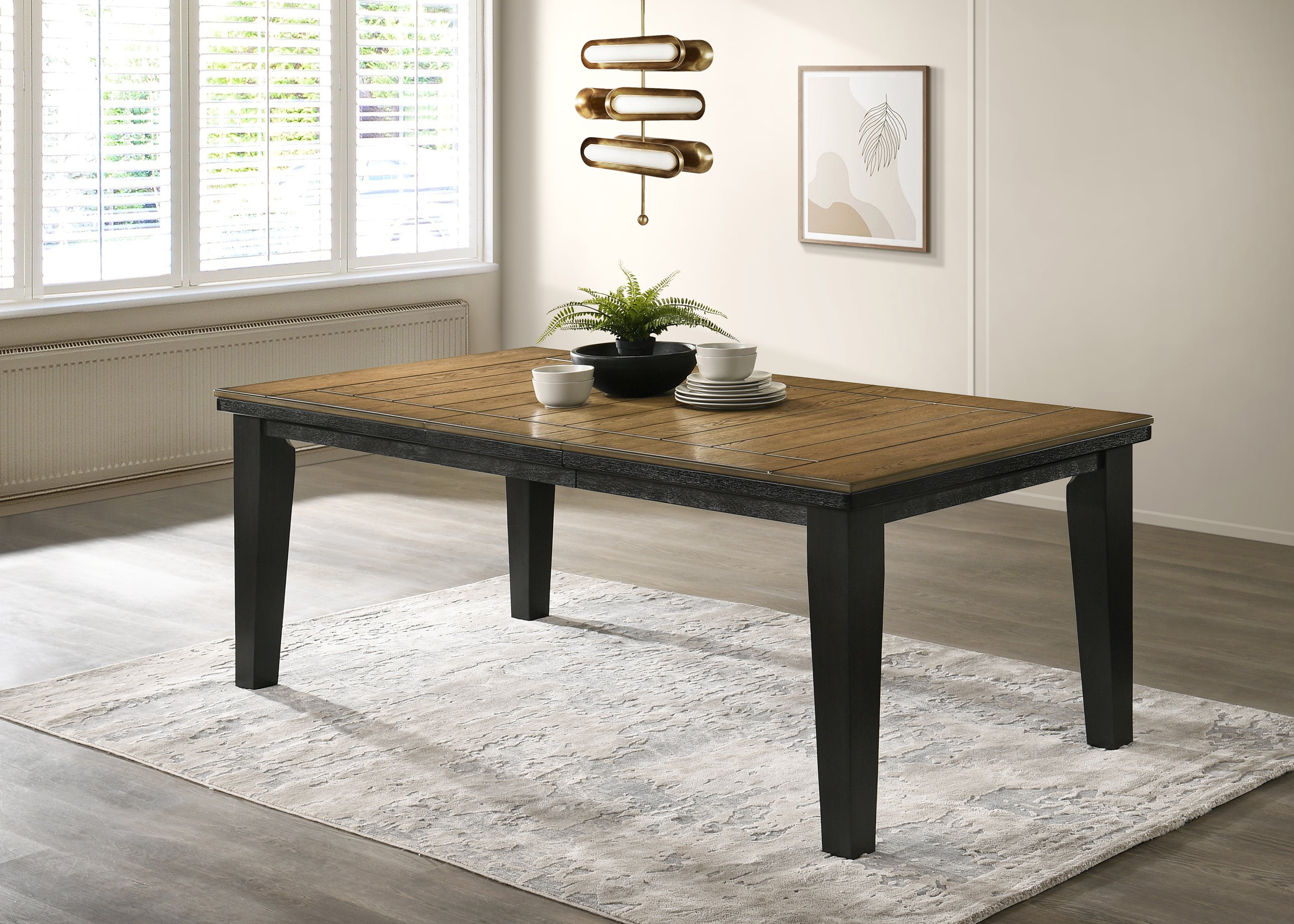2152T-WC  6 pc bardstown wheat and charcoal wood finish dining table set with fabric chairs and bench