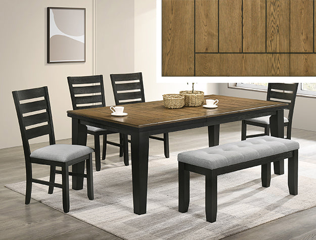 2152T-WC  6 pc bardstown wheat and charcoal wood finish dining table set with fabric chairs and bench