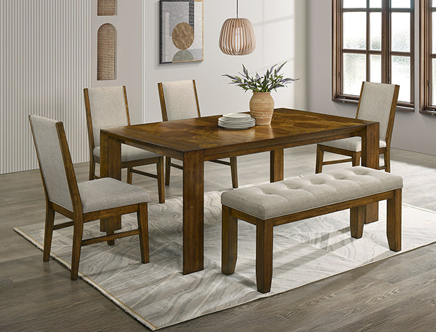 2153-6PC 6 pc Hollister brown finish wood dining table set with bench