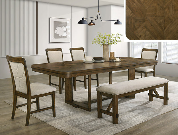 2155T-6PC 6 pc Broadmoor brown finish wood parquet style top dining table set trestle base