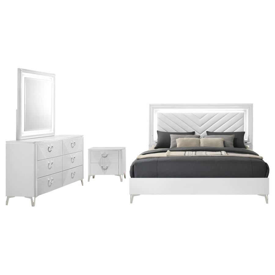 Coaster 215791Q-S4 4 pc Cassia high gloss white finish wood queen bedroom set upholstered headboard LED lighting
