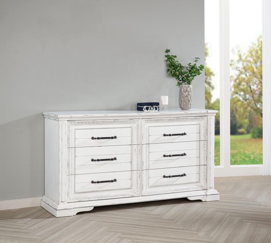 Coaster McKinney Vintage Distressed White 6-Drawer Dresser – 215873