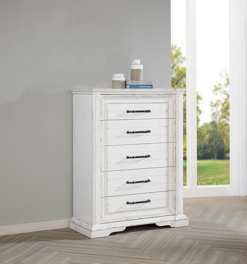 Coaster McKinney Vintage Distressed White 5-Drawer Tall Chest – 215875