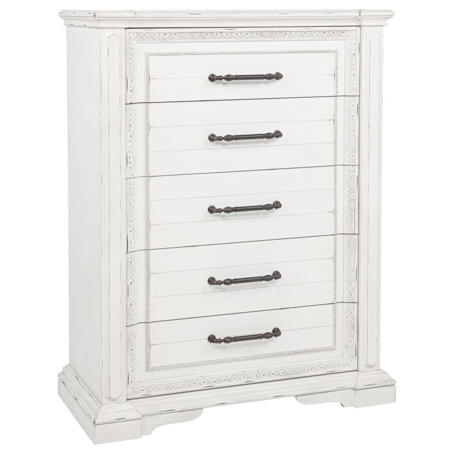 Coaster McKinney Vintage Distressed White 5-Drawer Tall Chest – 215875