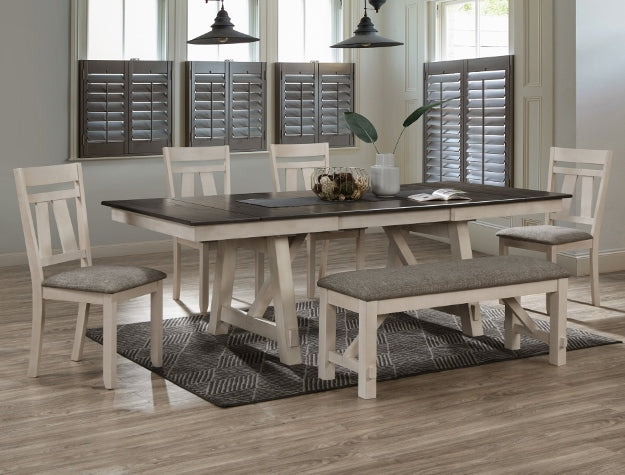 2158CG-T-6PC 6 pc Gracie oaks Maribelle chalk grey two tone finish wood dining table set with trestle base