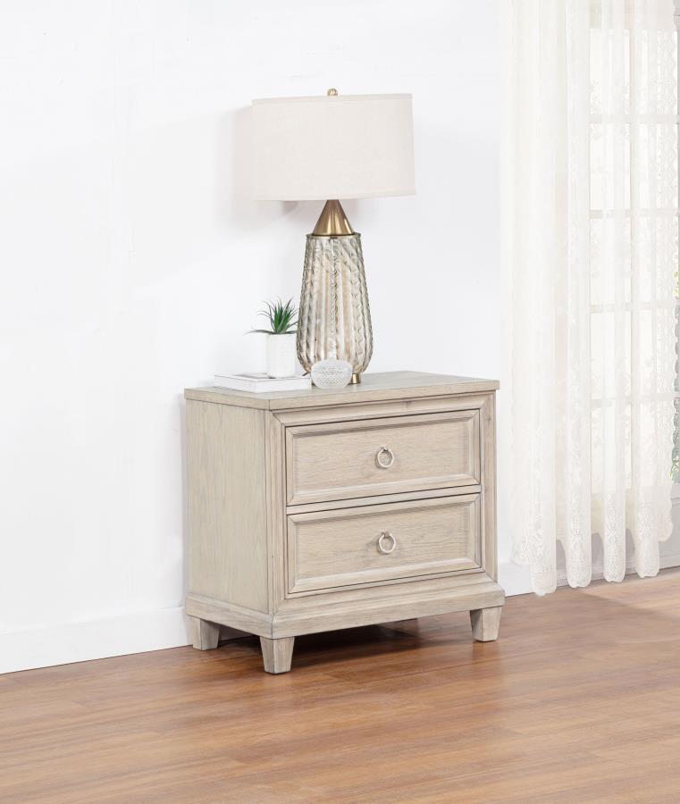 Coaster 215922 Pembroke washed oak finish wood 2 drawer nightstand polished nickel handles