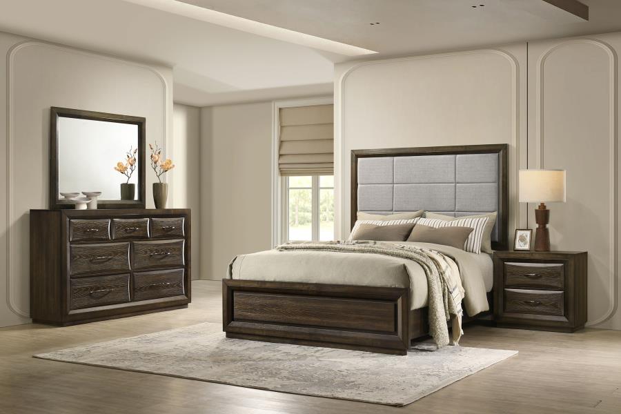 Coaster 215971Q-S4 4 pc Altas dark oak finish wood grey fabric headboard queen bedroom set