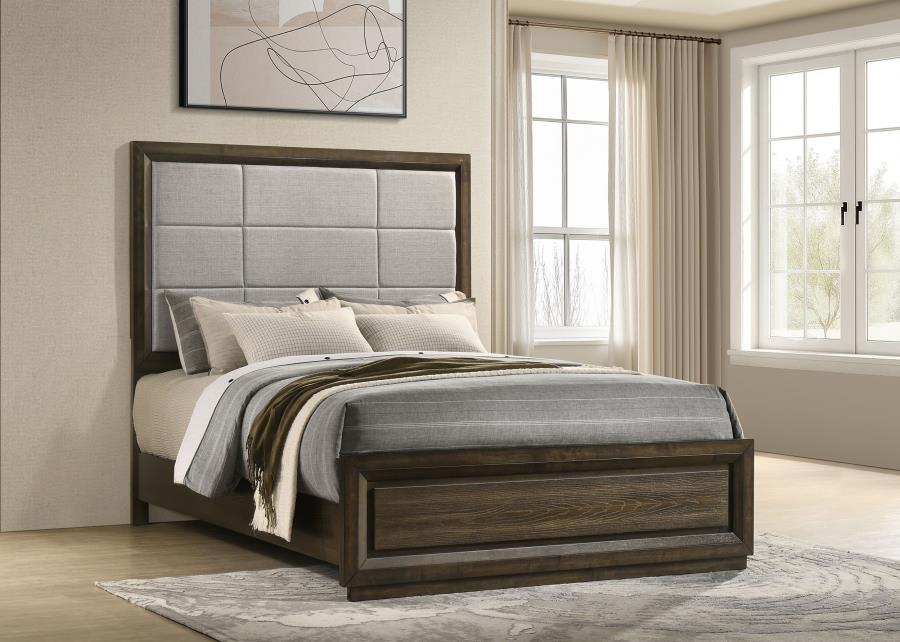 Coaster 215971Q-S4 4 pc Altas dark oak finish wood grey fabric headboard queen bedroom set