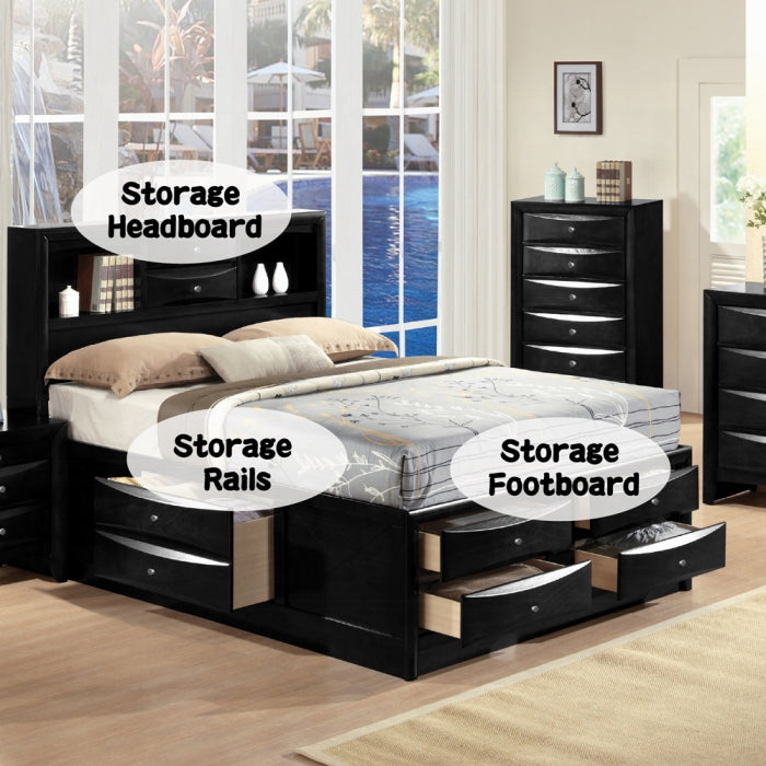 Acme 21610Q-4PC 4 pc Ireland black finish wood storage headboard underbed drawers queen bed set