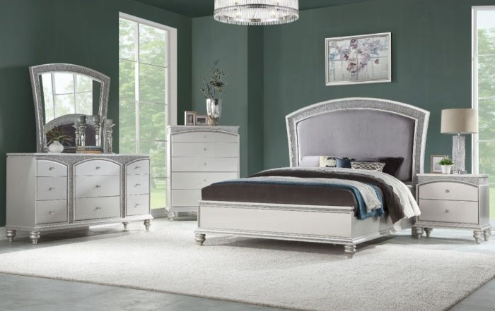 21800Q-4PC 4 pc Maverik platinum finish wood and fabric padded arched top headboard queen bedroom set