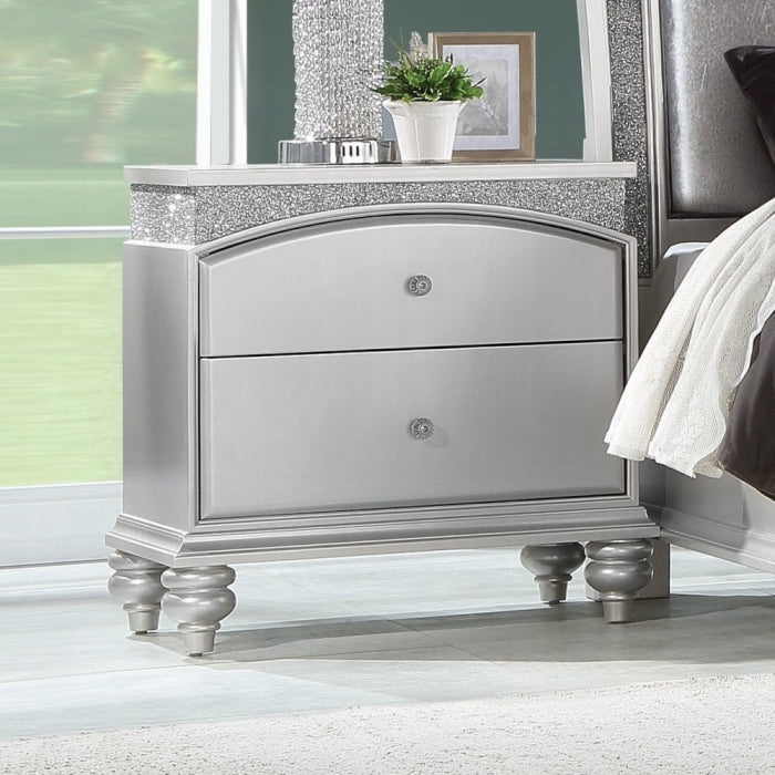 21800Q-4PC 4 pc Maverik platinum finish wood and fabric padded arched top headboard queen bedroom set