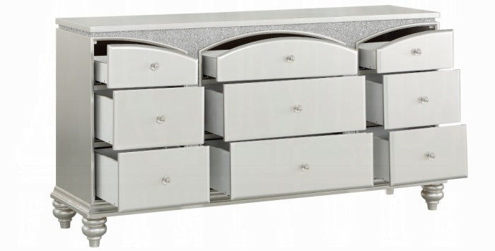 21800Q-4PC 4 pc Maverik platinum finish wood and fabric padded arched top headboard queen bedroom set