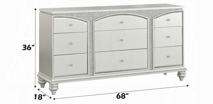21800Q-4PC 4 pc Maverik platinum finish wood and fabric padded arched top headboard queen bedroom set