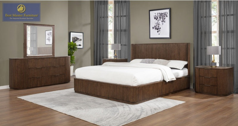 Best Master QT05BRQ-4PC 4 pc Qetora brown finish wood with fluted panel accent design queen bed set
