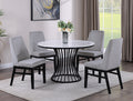 2201LG 5 pc Hadley white faux marble top black metal frame 48" round dining table set grey fabric seats