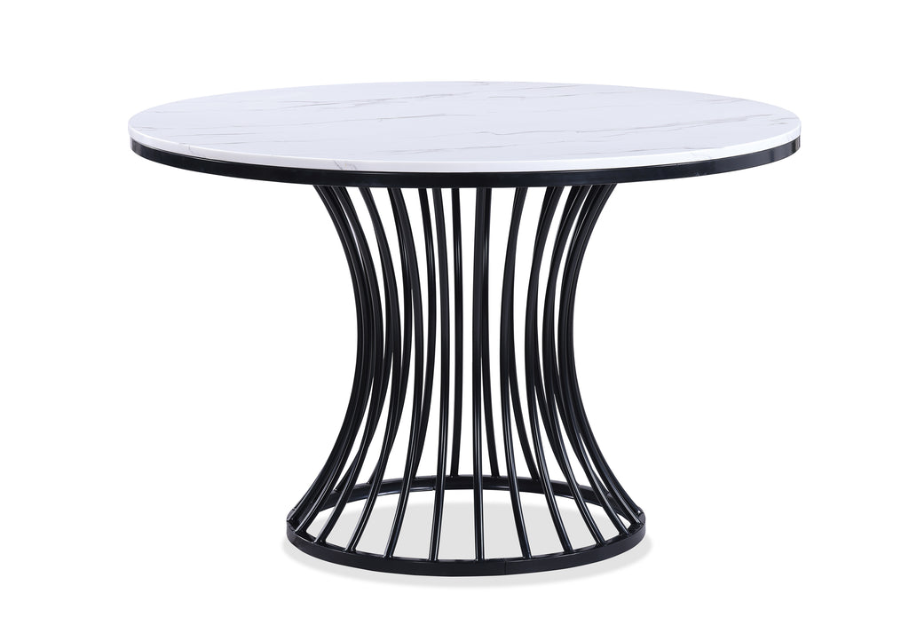 2201LG 5 pc Hadley white faux marble top black metal frame 48" round dining table set grey fabric seats