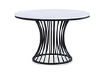 2201LG 5 pc Hadley white faux marble top black metal frame 48" round dining table set grey fabric seats