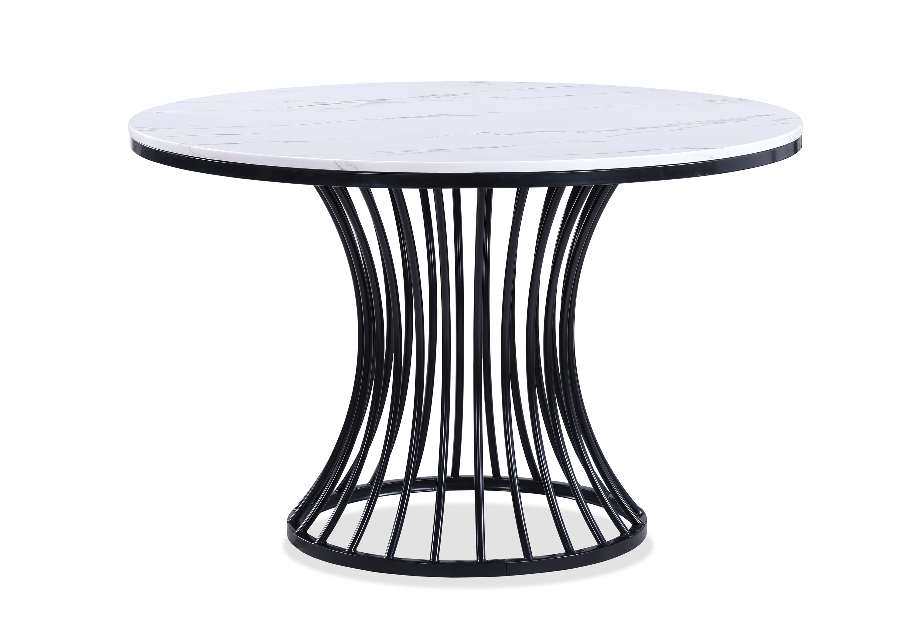 2201LG 5 pc Hadley white faux marble top black metal frame 48" round dining table set grey fabric seats