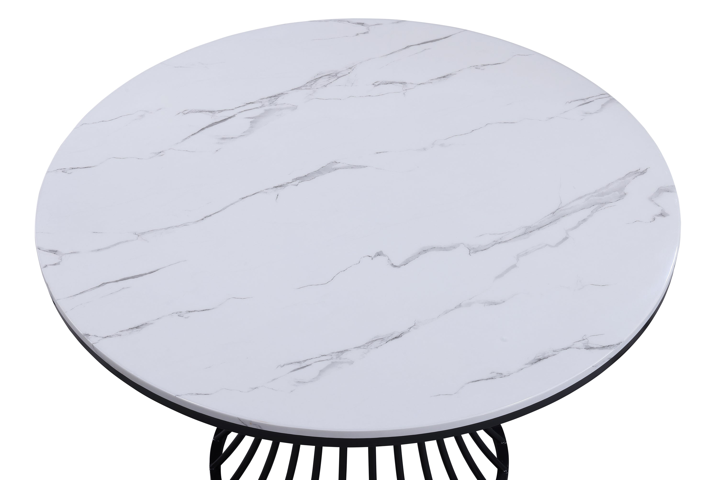 2201LG 5 pc Hadley white faux marble top black metal frame 48" round dining table set grey fabric seats