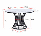 2201LG 5 pc Hadley white faux marble top black metal frame 48" round dining table set grey fabric seats