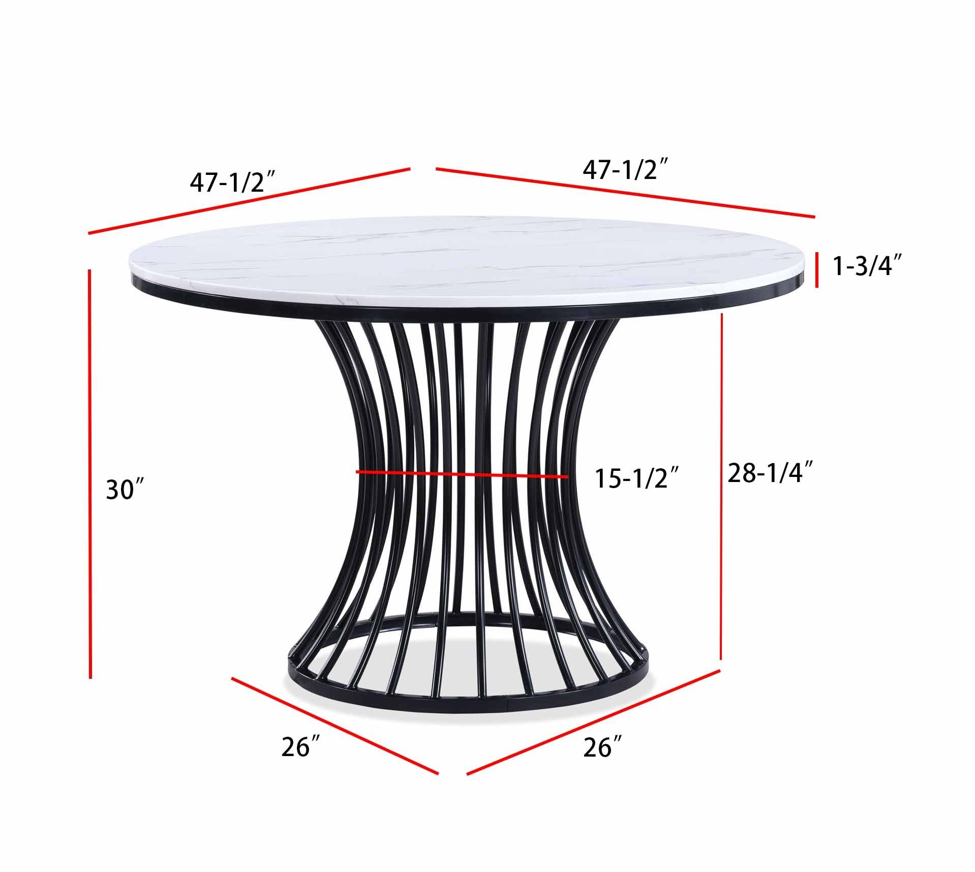 2201LG 5 pc Hadley white faux marble top black metal frame 48" round dining table set grey fabric seats