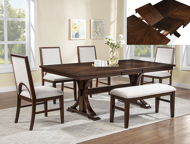 2210T-6PC 6 pc Hamil dark brown finish wood parquet design dining table set trestle base