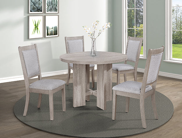 2215DW 5 pc Amara driftwood finish wood 42" round dining table set fabric seats
