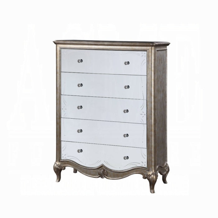 22206 Esteban antique champagne finish wood mirrored accents 5 drawer tall chest