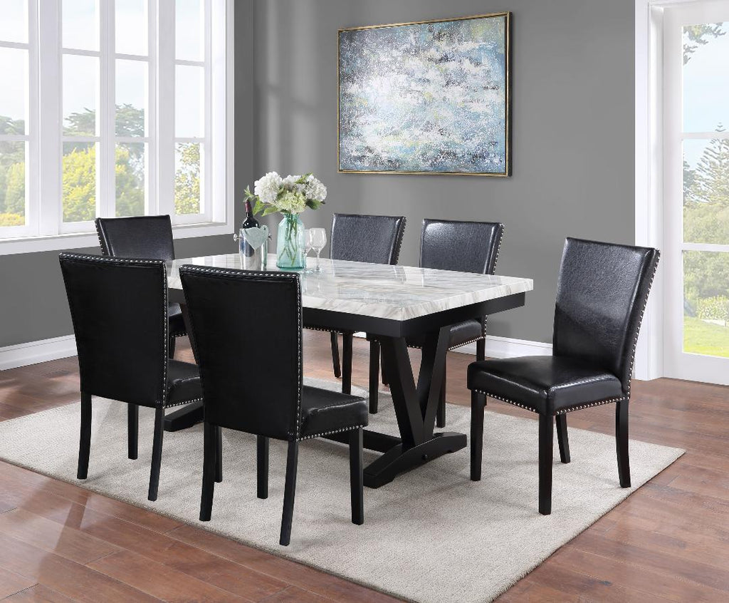 2222T-WH 7 pc Tanner black finish wood and white faux marble top dining table set