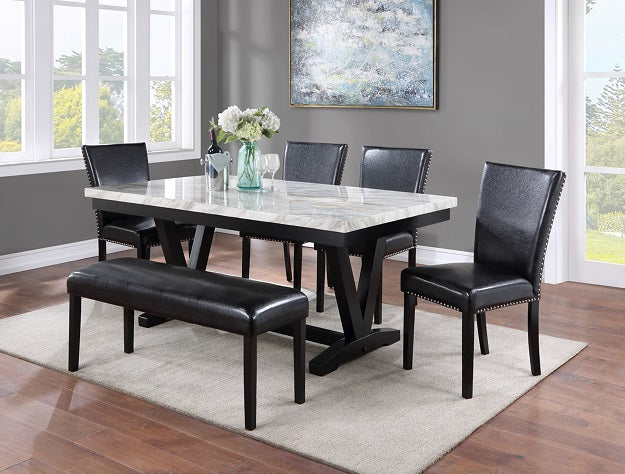 2222T-WH 6 pc Tanner black finish wood and white faux marble top dining table set with bench