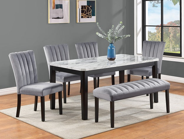 2224T-6PC 6 pc Pascal black wood finish faux marble top dining table set with bench grey fabric