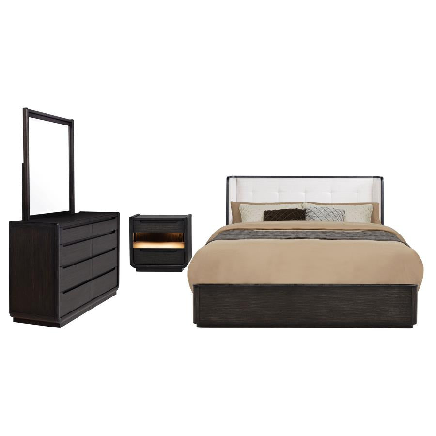 Coaster 222491Q-S4 4 pc Leandro burnished black finish wood and curved fabric padded headboard queen bed set
