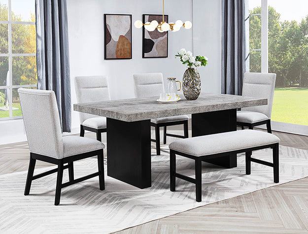 2225T-6PC 6 pc Sebastian black finish wood and grey faux marble top dining table set with bench